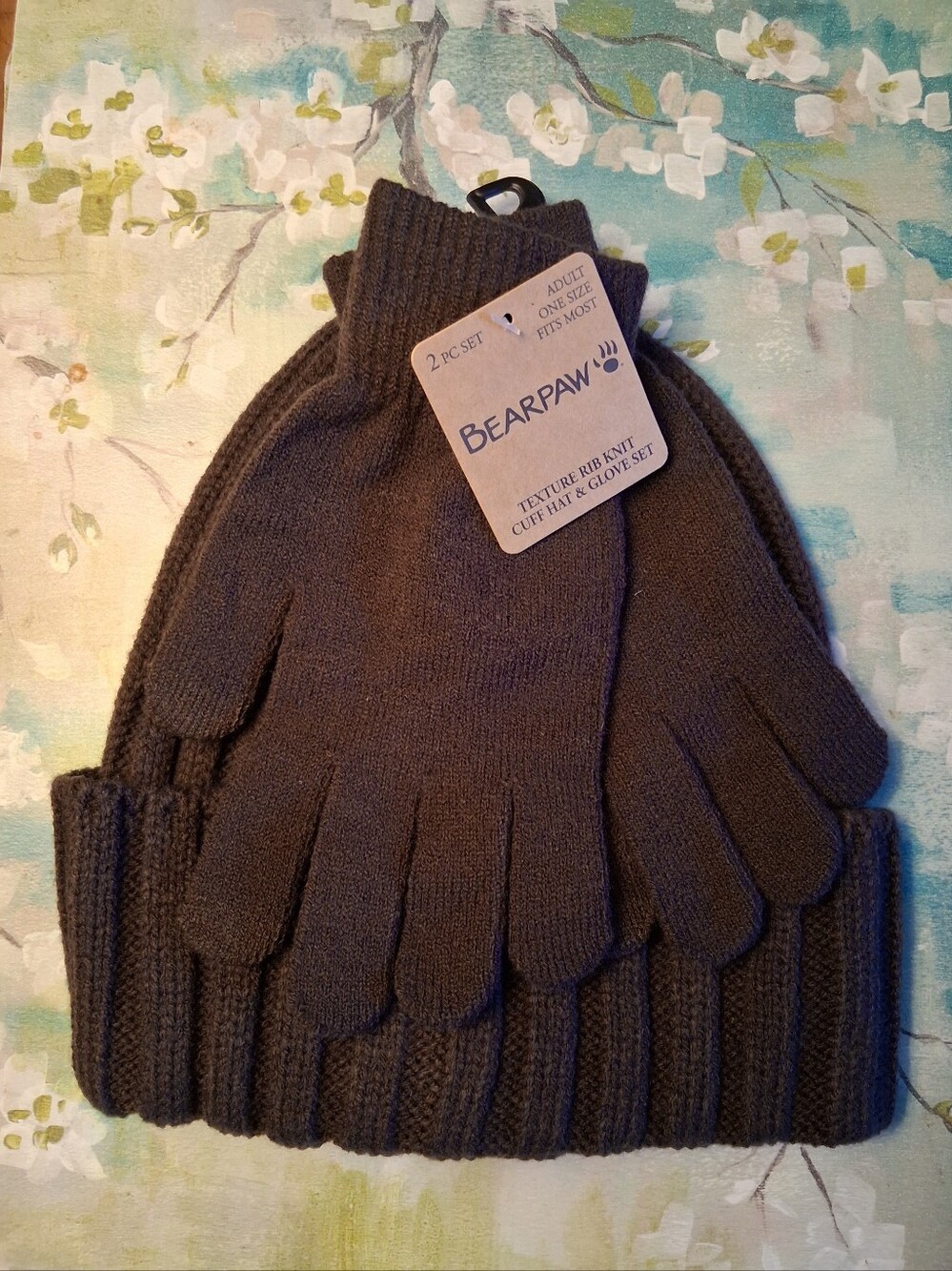 BearPaw Knit Cuff Beanie and Gloves Set in Dark Brown
